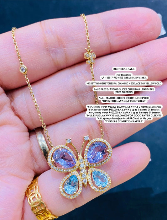 HK Setting Gemstones w/ DIAMOND Necklace 14k Yellow Gold