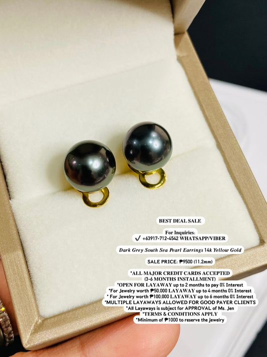 Dark Grey South Sea Pearl Earrings 14k Yellow Gold 11.2mm