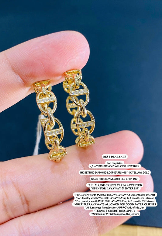 HK Setting Diamond Loop Earrings 14k Yellow Gold