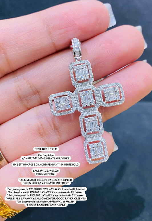 HK Setting DIAMOND Cross Pendant 14K White Gold